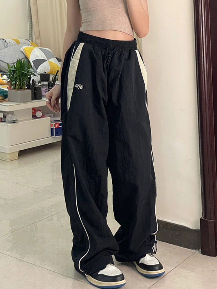Frauen Frühling Retro Solide Lose Kordelzughose Lässige Jogger Baggy Weites Bein Jogginghose Mittlere Taille Sportliche Y2k Weibliche Kleidung 