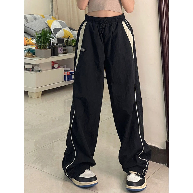 Frauen Frühling Retro Solide Lose Kordelzughose Lässige Jogger Baggy Weites Bein Jogginghose Mittlere Taille Sportliche Y2k Weibliche Kleidung 