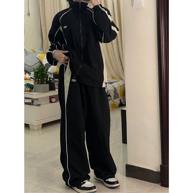 Frauen Frühling Retro Solide Lose Kordelzughose Lässige Jogger Baggy Weites Bein Jogginghose Mittlere Taille Sportliche Y2k Weibliche Kleidung 