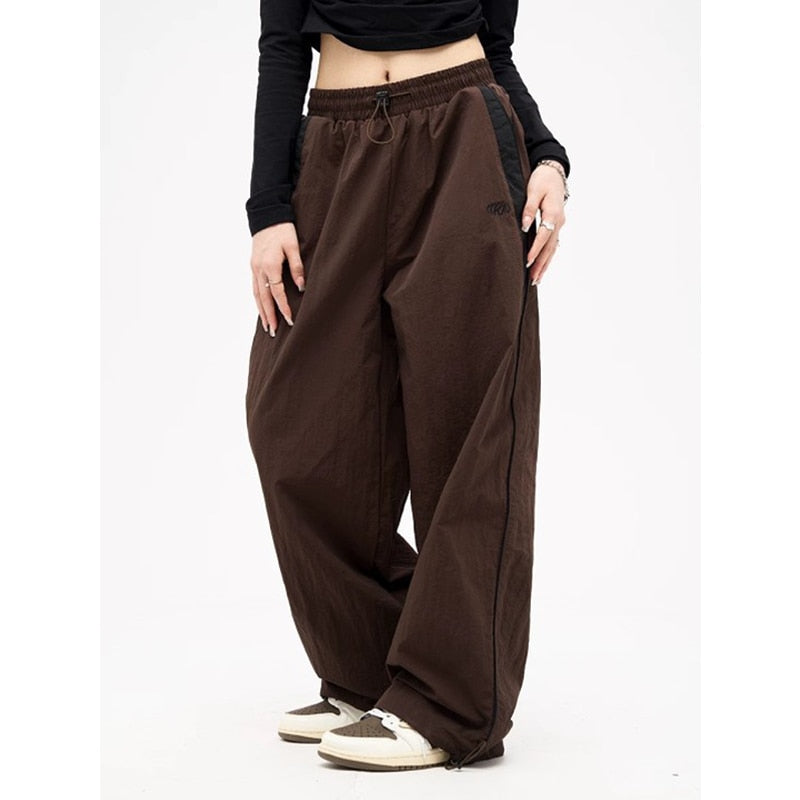 Frauen Frühling Retro Solide Lose Kordelzughose Lässige Jogger Baggy Weites Bein Jogginghose Mittlere Taille Sportliche Y2k Weibliche Kleidung 