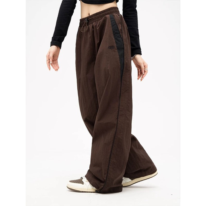 Frauen Frühling Retro Solide Lose Kordelzughose Lässige Jogger Baggy Weites Bein Jogginghose Mittlere Taille Sportliche Y2k Weibliche Kleidung 